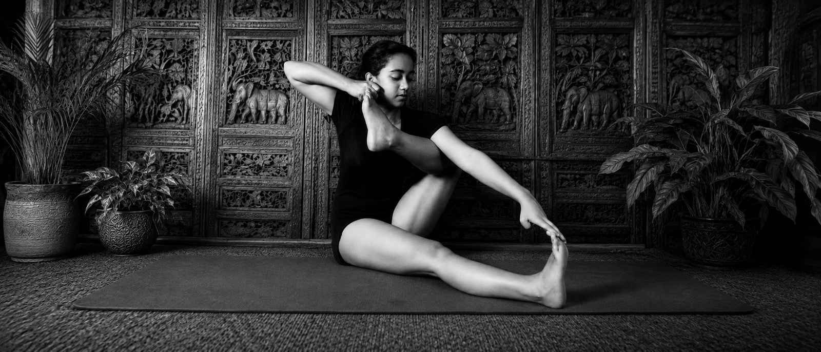 Soma Mukherjee practising yoga in her early career