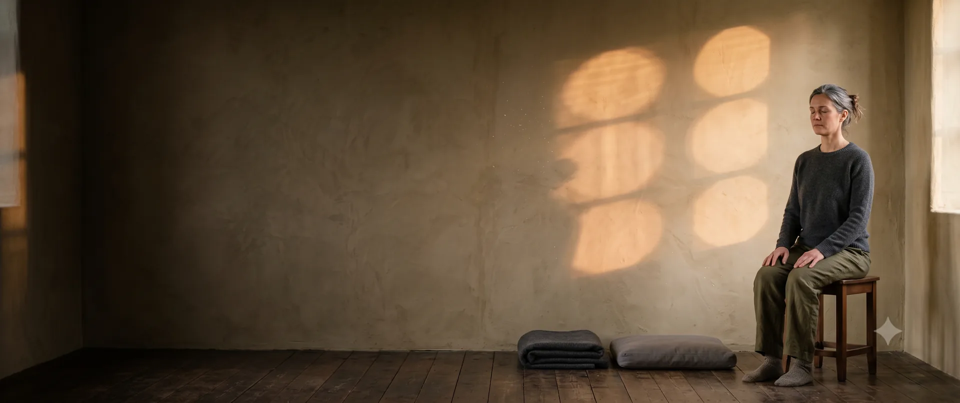 A person meditating in a chair by a window at dusk