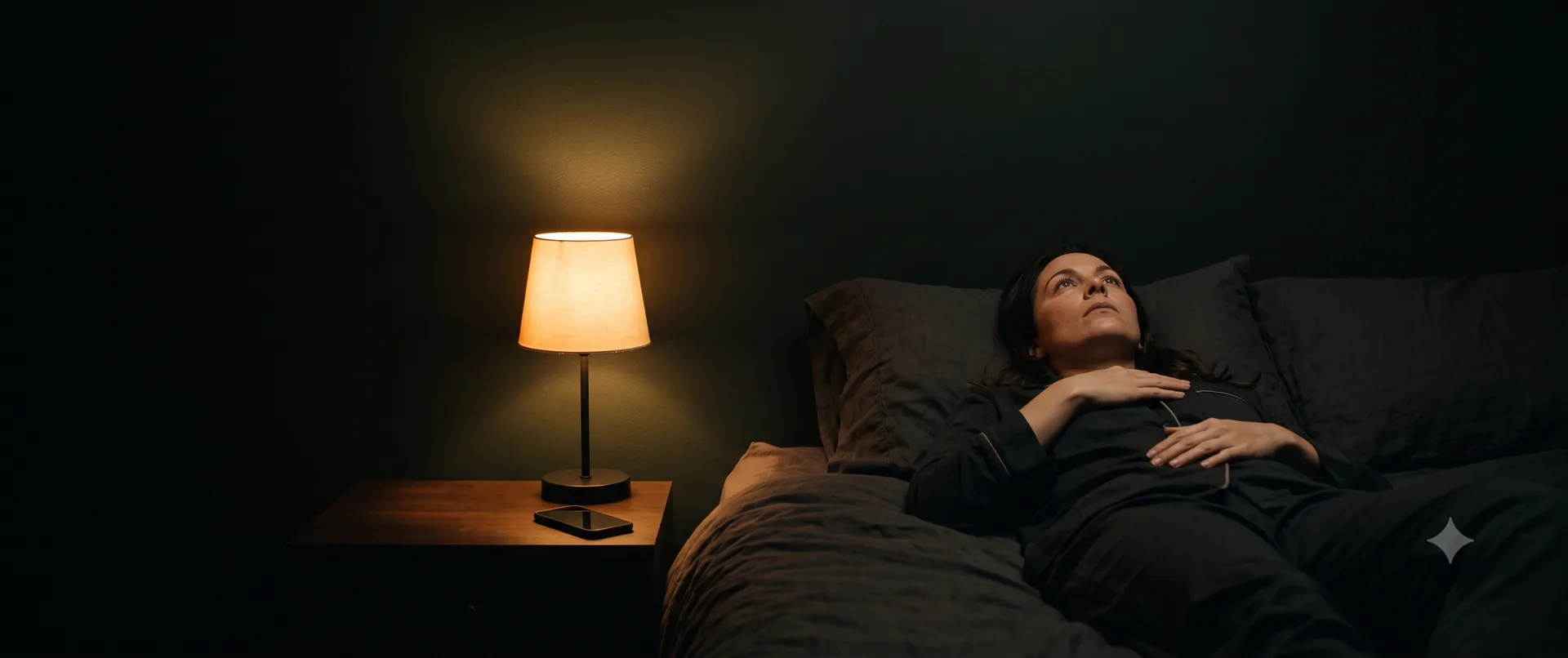 A woman resting with her legs up the wall in a dimly lit bedroom