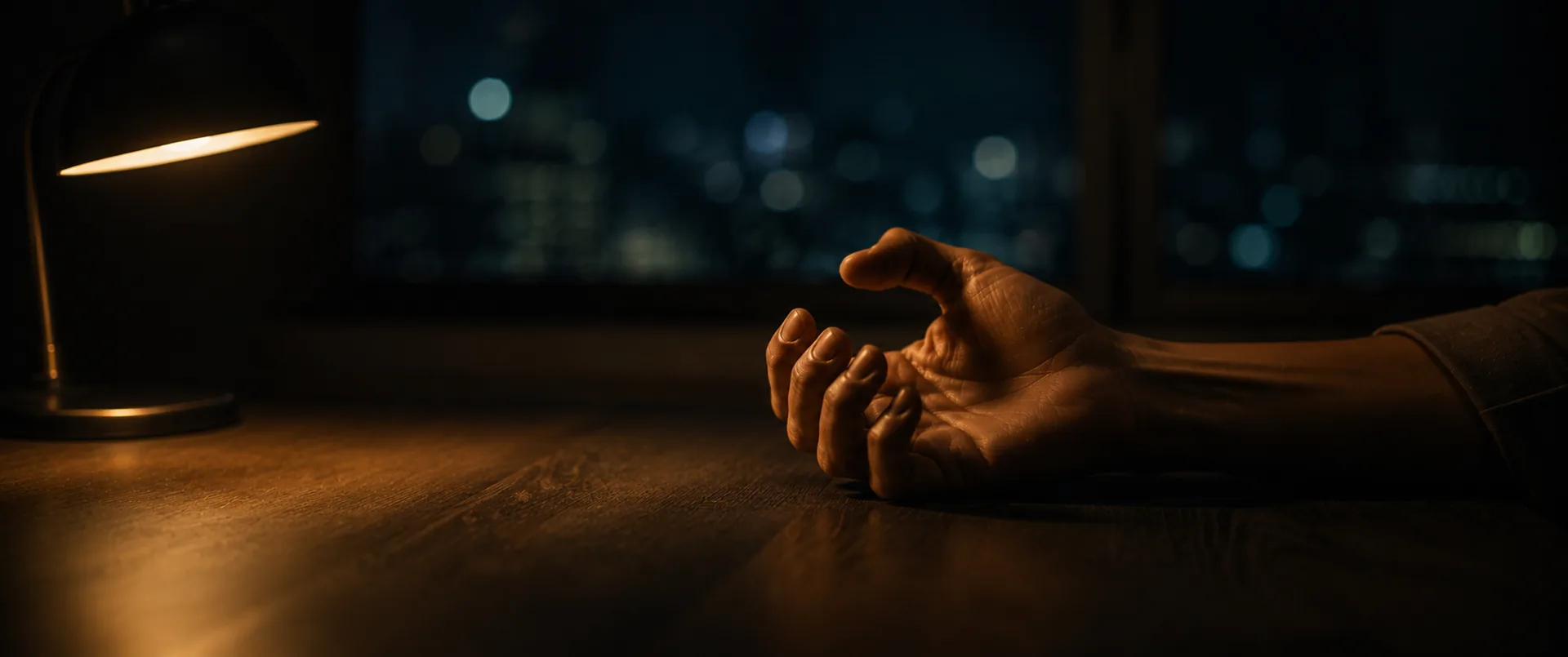 A hand resting on a desk beside a smartwatch showing a calming breath tracker