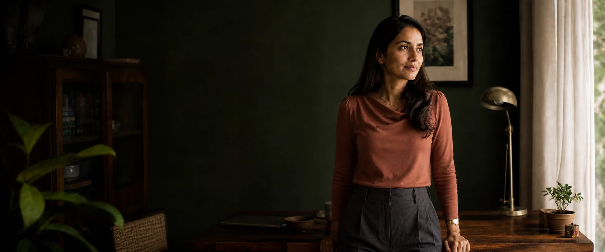 A professional Indian woman pausing beside her desk at the end of the working day