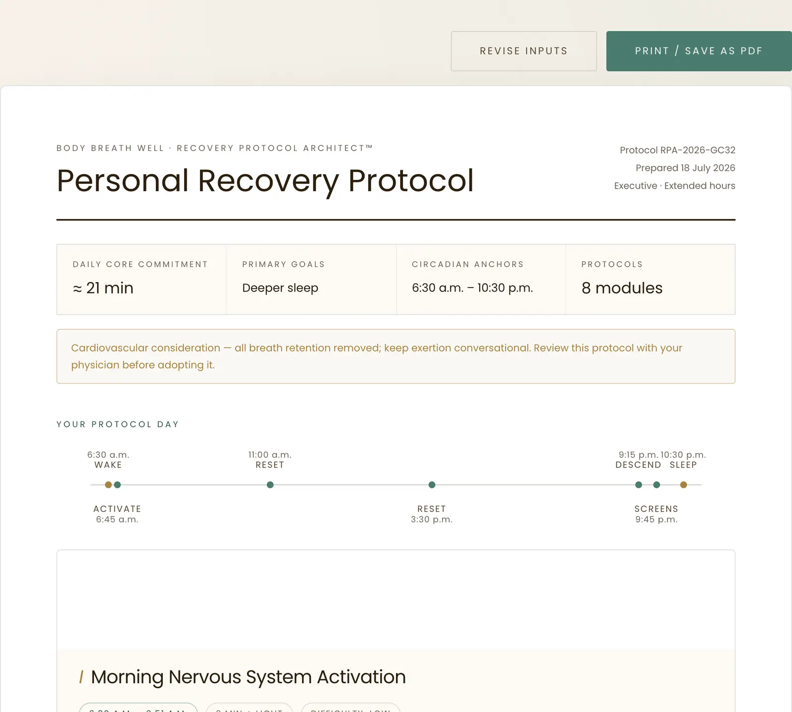 A constructed Personal Recovery Protocol document — daily commitment, goals, circadian anchors and an eight-module protocol day