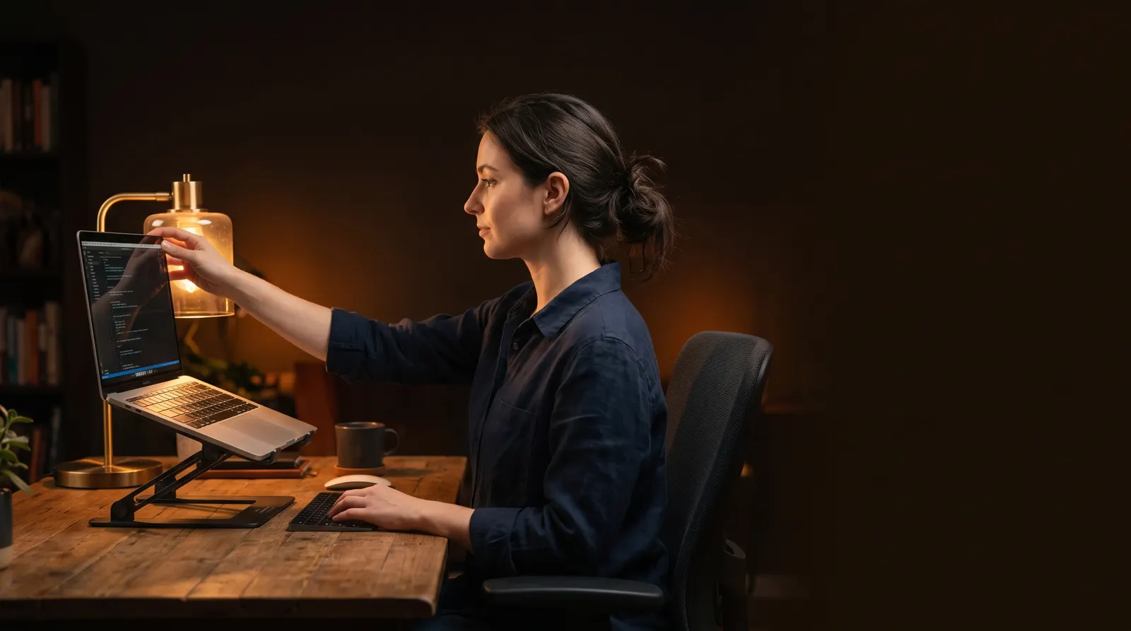 A person adjusting a laptop on a stand at a warmly lit desk