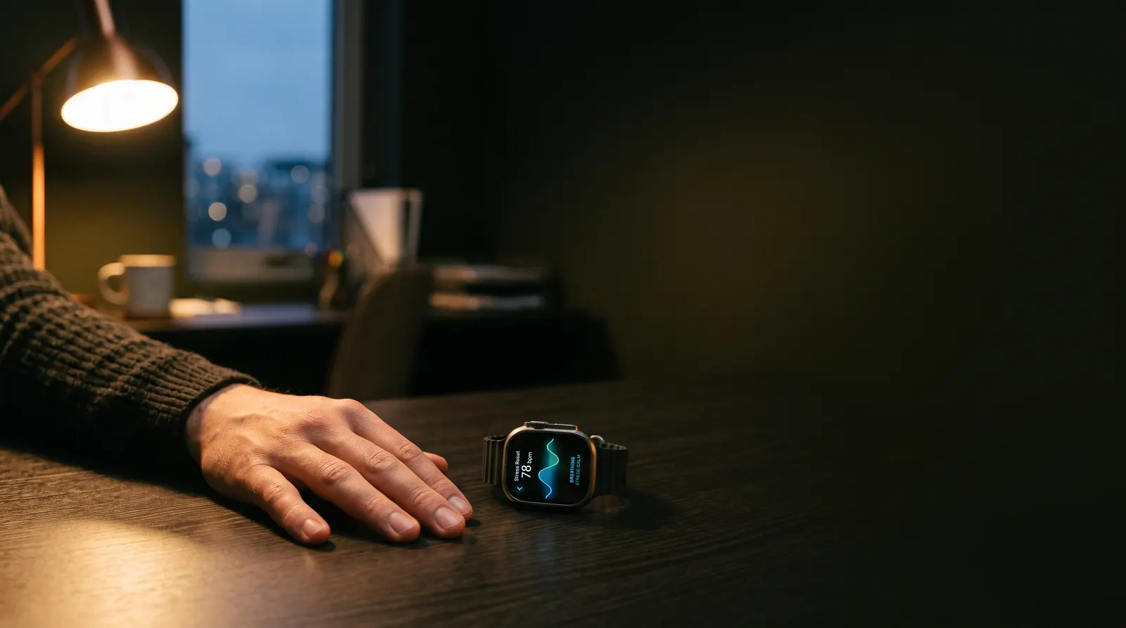 A hand resting on a desk beside a smartwatch showing a calming breath tracker