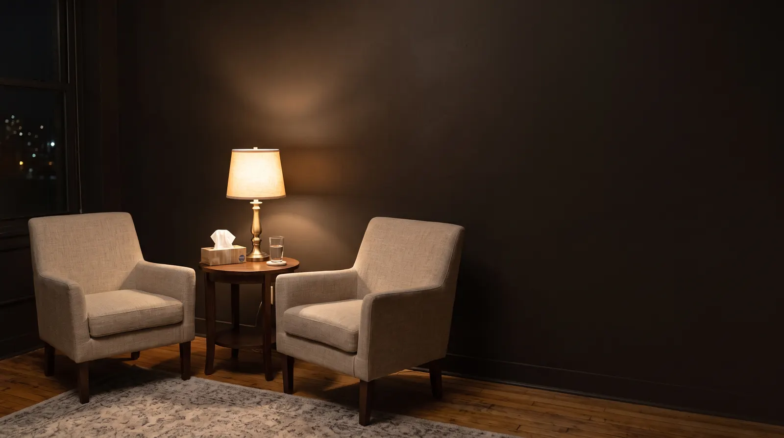Two armchairs facing each other in a warm, quiet room