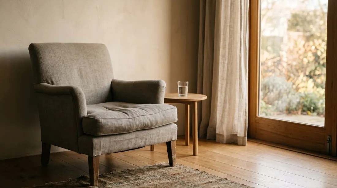 A quiet armchair beside a garden window — a calm space for conversation