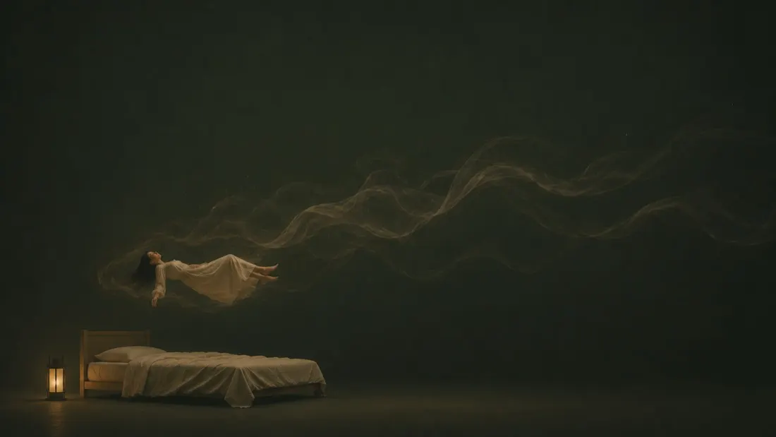 A woman drifting weightlessly above her bed — sleep that does not restore