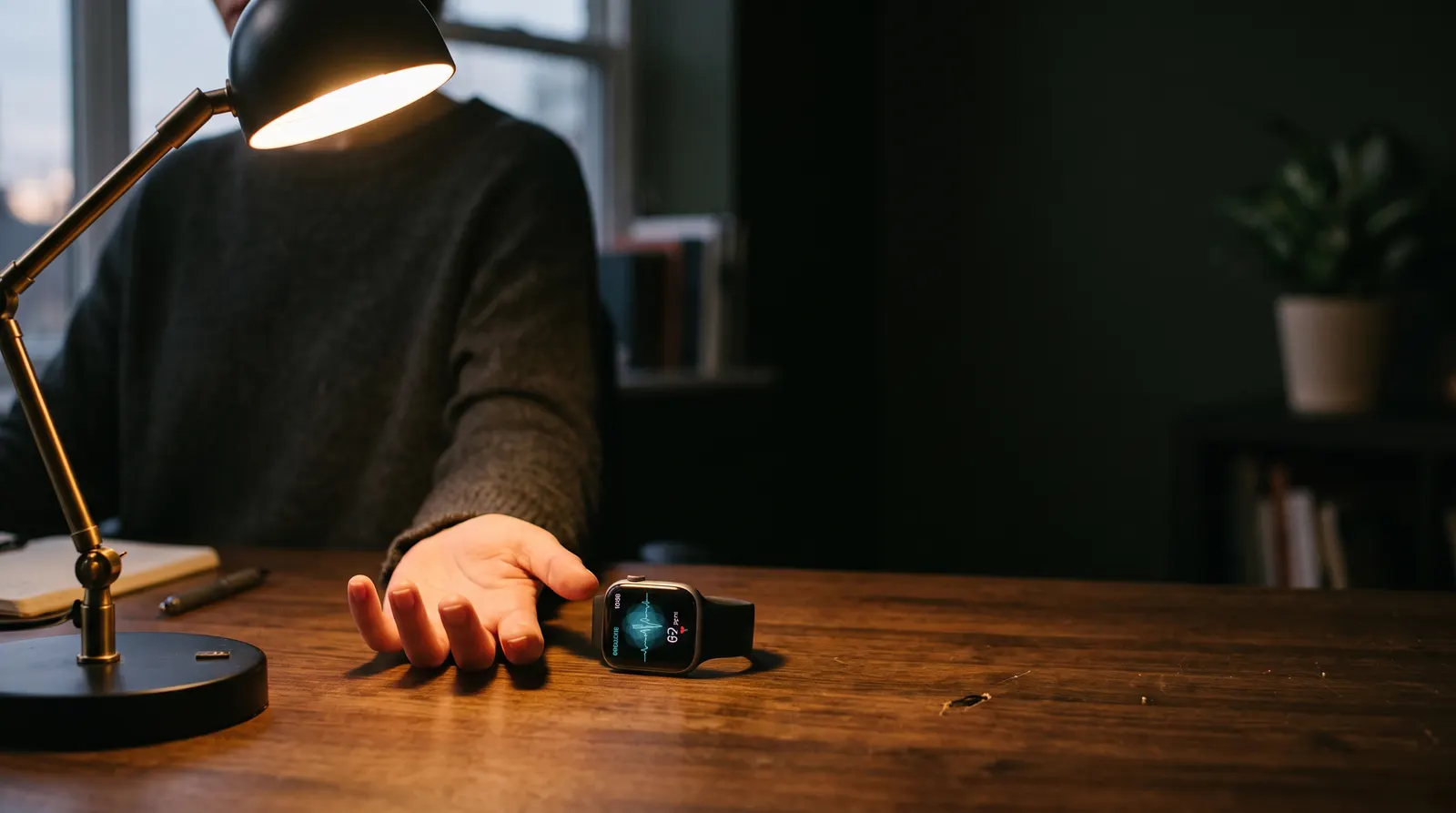 A calm workspace at dusk with a stress-tracking wearable