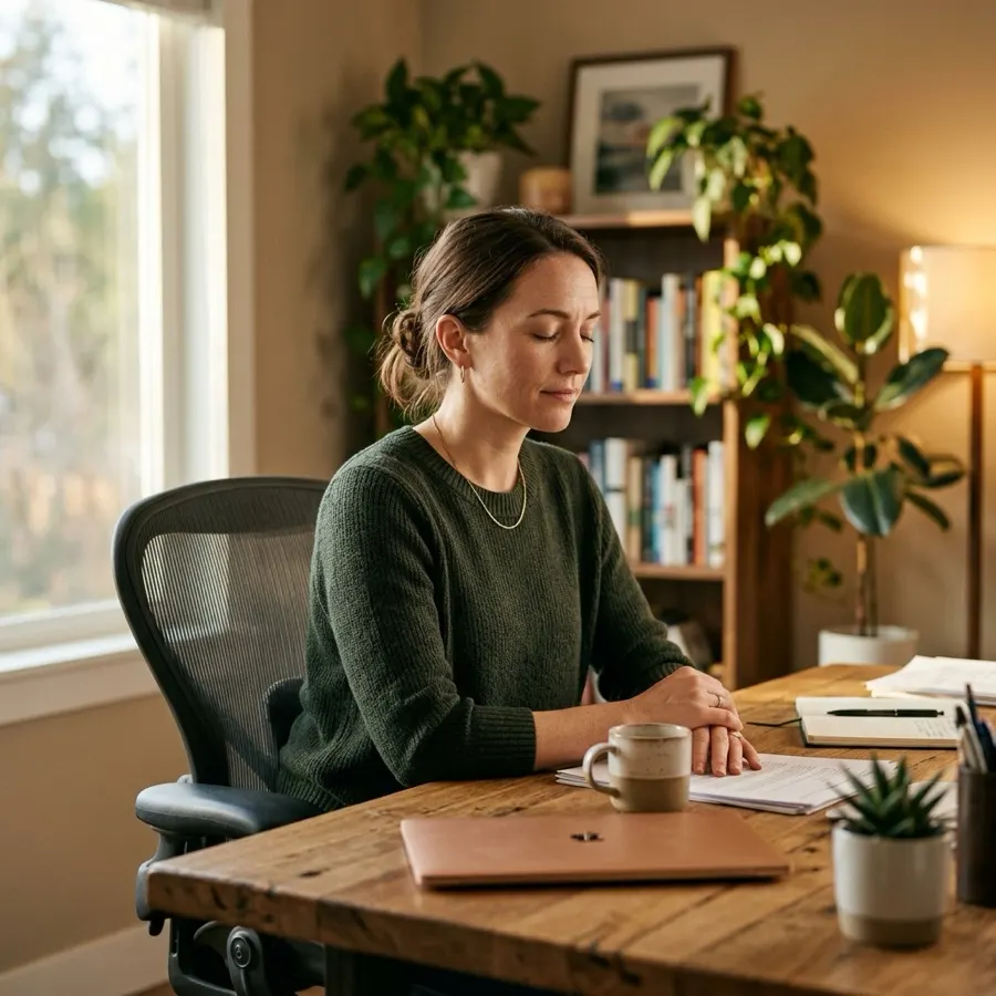 A professional at her desk, eyes closed, taking a deliberate pause